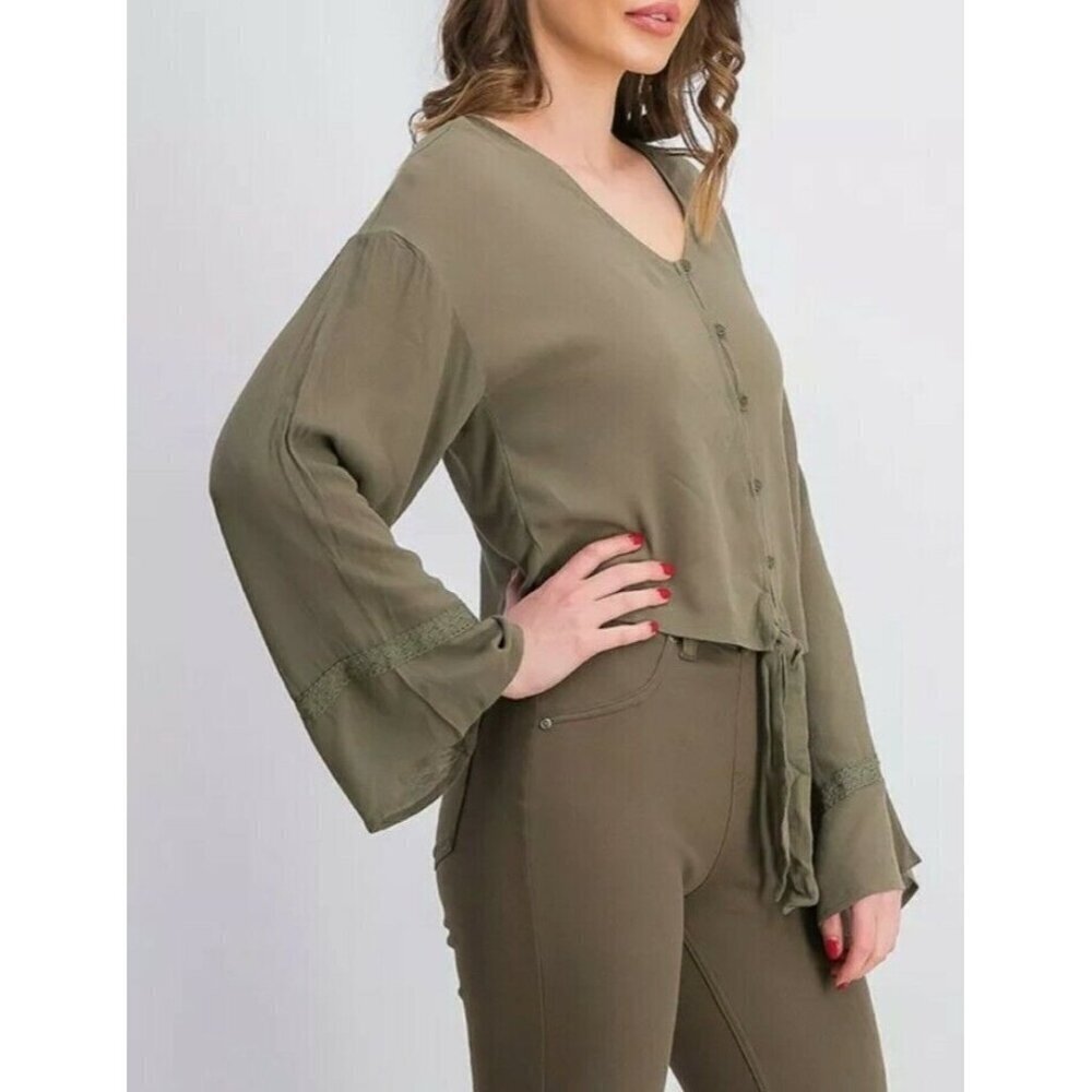 FRESHMAN Dark Green Tie Bottom Boho Top NEW LARGE